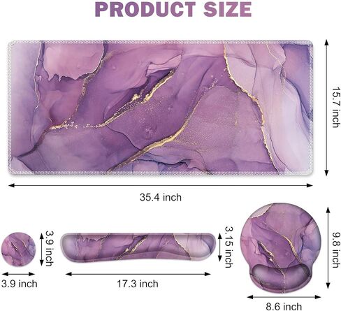 Gaming Mouse Pad Large Desk Mat, Cute Purple Marble Rose Desk Pad Protector | 4in1 XXL Mousepad + Keyboard Wrist Rest+Mouse Wrist Rest+Coaster Set with Ergonomic Desk Pad for Home Office PC,Flowers in Kuwait