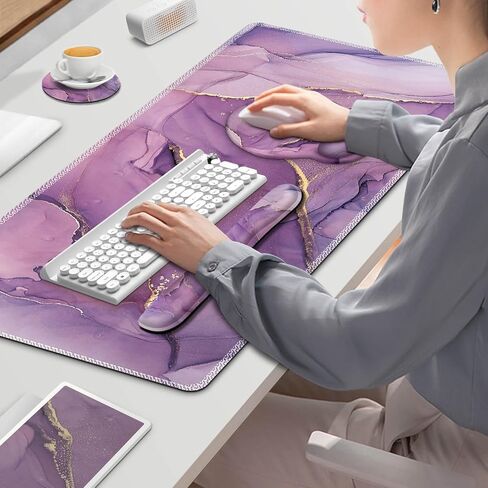 Gaming Mouse Pad Large Desk Mat, Cute Purple Marble Rose Desk Pad Protector | 4in1 XXL Mousepad + Keyboard Wrist Rest+Mouse Wrist Rest+Coaster Set with Ergonomic Desk Pad for Home Office PC,Flowers in Kuwait