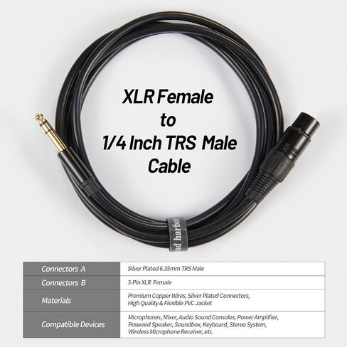 كابل Sound Harbour XLR أنثى إلى 1/4، كابلات TRS إلى XLR بطول 3.3 قدم، محول كابل ميكروفون، كابل توصيل متوازن in Saudi Arabia