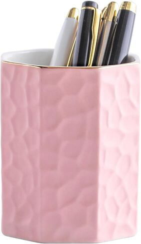 Ceramic Pen Holder for Desk Cute Octagon Shaped Pencil Holder Cup Pot Desk Organizer for Office Decor Makeup Brush Holder (Pink) in Kuwait