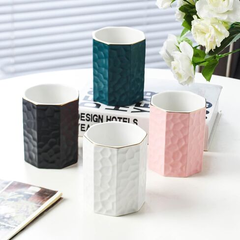 حامل أقلام سيراميك للمكتب لطيف على شكل مثمن حامل أقلام رصاص كوب وعاء مكتب منظم لديكور المكتب حامل فرشاة ماكياج (وردي) in Kuwait