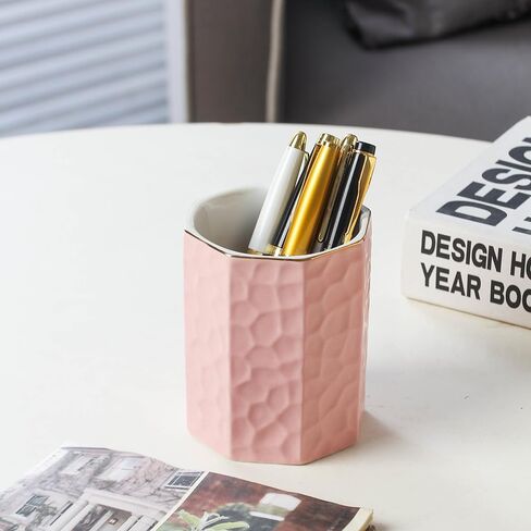 Ceramic Pen Holder for Desk Cute Octagon Shaped Pencil Holder Cup Pot Desk Organizer for Office Decor Makeup Brush Holder (Pink) in Kuwait