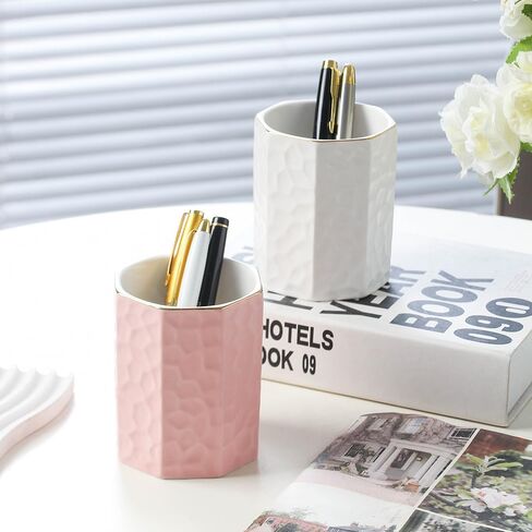 Ceramic Pen Holder for Desk Cute Octagon Shaped Pencil Holder Cup Pot Desk Organizer for Office Decor Makeup Brush Holder (Pink) in Kuwait