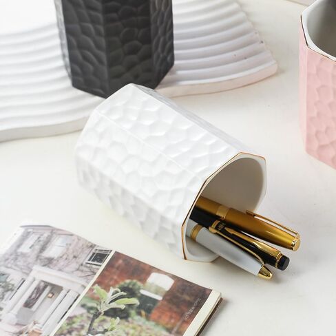 Ceramic Pen Holder for Desk Cute Octagon Shaped Pencil Holder Cup Pot Desk Organizer for Office Decor Makeup Brush Holder (Pink) in Kuwait