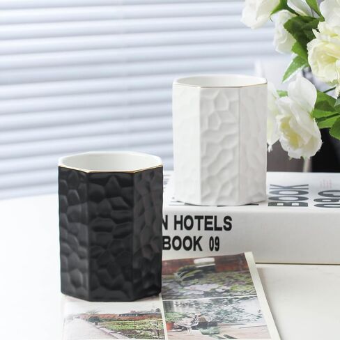 حامل أقلام سيراميك للمكتب لطيف على شكل مثمن حامل أقلام رصاص كوب وعاء مكتب منظم لديكور المكتب حامل فرشاة ماكياج (وردي) in Kuwait