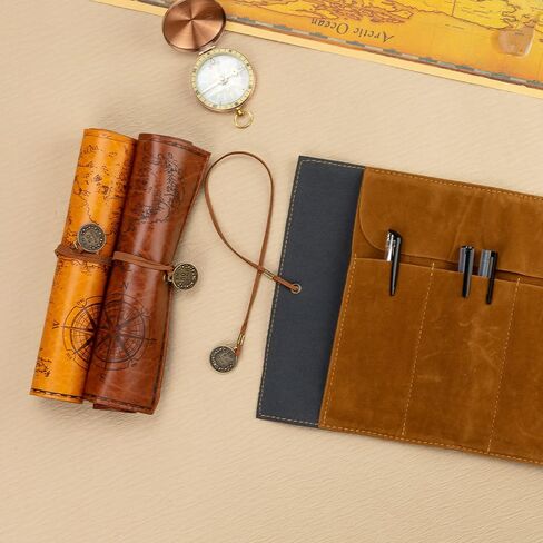 motzu بو الجلود لفة القلم حقيبة، خمر مقلمة خريطة الإبداعية، ماتي غطاء تخزين الحقيبة حامل المنظم، الفن ماكياج الحقيبة التجميل، لينة التفاف حقيبة هدية القرطاسية، البني د in Kuwait