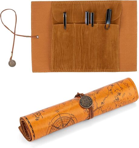 motzu بو الجلود لفة القلم حقيبة، خمر مقلمة خريطة الإبداعية، ماتي غطاء تخزين الحقيبة حامل المنظم، الفن ماكياج الحقيبة التجميل، لينة التفاف حقيبة هدية القرطاسية، البني د in Kuwait