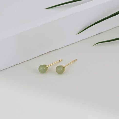 Jade Stud Earrings 4mm Light Green Jade Earrings for Women, 14K Gold Plated Stud Earrings for Sensitive Ears, Jade Jewelry for Women & Men, Good Luck Handmade Earrings Gift for Birthday Anniversary in Saudi Arabia