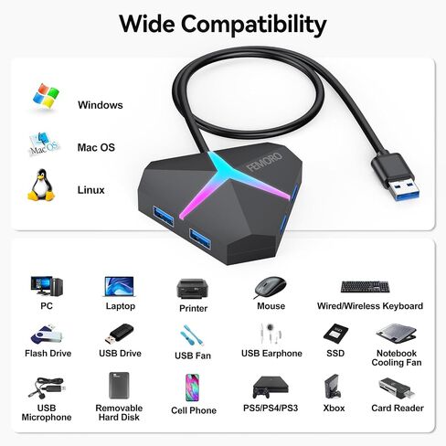 USB Hub 4 Port Extender 2ft, FEMORO USB 3.0 Hubs Splitter, Extra Multi USB Port Expander Adapter High 3 Speed Data Transfer USB Hub for Laptop PC MacBook Mac Pro Mouse Keyborad in Saudi Arabia