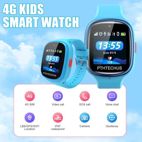 هاتف ساعة PTHTECHUS 4G للأطفال - ساعة ذكية للأطفال مع شبكة WiFi وDail والرسائل الصوتية ومكالمات الفيديو وموقع GPS ووضع مدرسة الطلاب ووظيفة SOS والكاميرا وعداد الخطى in Saudi Arabia