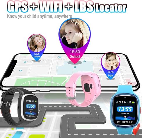 هاتف ساعة PTHTECHUS 4G للأطفال - ساعة ذكية للأطفال مع شبكة WiFi وDail والرسائل الصوتية ومكالمات الفيديو وموقع GPS ووضع مدرسة الطلاب ووظيفة SOS والكاميرا وعداد الخطى in Saudi Arabia