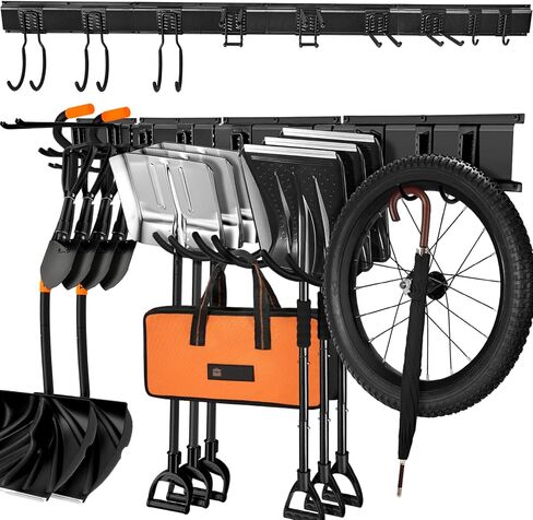 رف تخزين الأدوات - منظم أدوات المرآب على الحائط، 13 قطعة منظم أدوات الحديقة شديد التحمل مع 4 قضبان و9 خطافات لساحة سقيفة حديقة المرآب، رف تخزين جراج قابل للتعديل 64 بوصة، أقصى حمولة 600 رطل in Kuwait