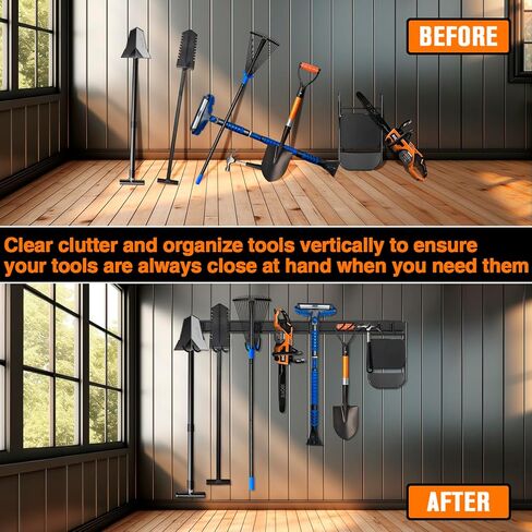 رف تخزين الأدوات - منظم أدوات المرآب على الحائط، 13 قطعة منظم أدوات الحديقة شديد التحمل مع 4 قضبان و9 خطافات لساحة سقيفة حديقة المرآب، رف تخزين جراج قابل للتعديل 64 بوصة، أقصى حمولة 600 رطل in Kuwait