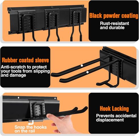 رف تخزين الأدوات - منظم أدوات المرآب على الحائط، 13 قطعة منظم أدوات الحديقة شديد التحمل مع 4 قضبان و9 خطافات لساحة سقيفة حديقة المرآب، رف تخزين جراج قابل للتعديل 64 بوصة، أقصى حمولة 600 رطل in Kuwait