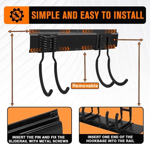 رف تخزين الأدوات - منظم أدوات المرآب على الحائط، 13 قطعة منظم أدوات الحديقة شديد التحمل مع 4 قضبان و9 خطافات لساحة سقيفة حديقة المرآب، رف تخزين جراج قابل للتعديل 64 بوصة، أقصى حمولة 600 رطل in Kuwait