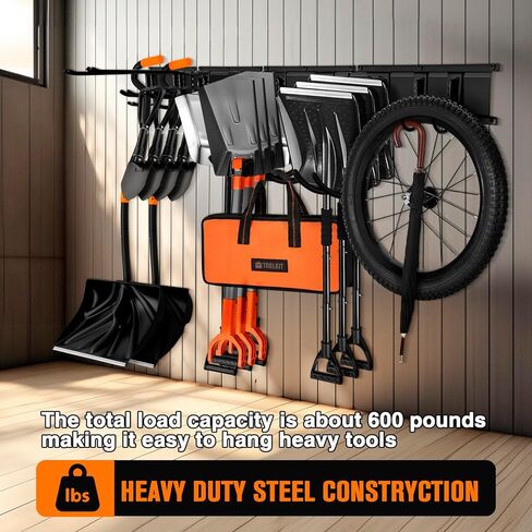 رف تخزين الأدوات - منظم أدوات المرآب على الحائط، 13 قطعة منظم أدوات الحديقة شديد التحمل مع 4 قضبان و9 خطافات لساحة سقيفة حديقة المرآب، رف تخزين جراج قابل للتعديل 64 بوصة، أقصى حمولة 600 رطل in Kuwait