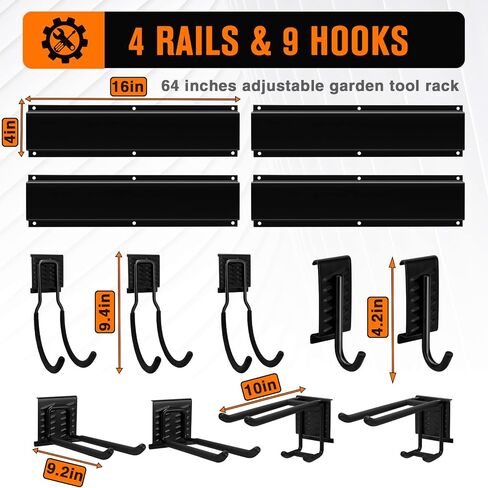 رف تخزين الأدوات - منظم أدوات المرآب على الحائط، 13 قطعة منظم أدوات الحديقة شديد التحمل مع 4 قضبان و9 خطافات لساحة سقيفة حديقة المرآب، رف تخزين جراج قابل للتعديل 64 بوصة، أقصى حمولة 600 رطل in Kuwait