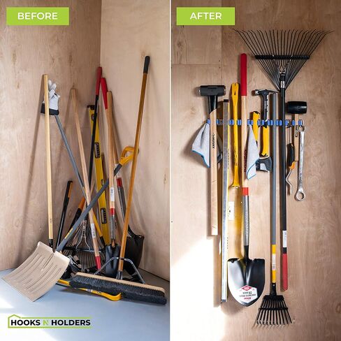 Tool Organizers and Storage 12 Slots and 6 Hooks Wall Mounted Garden Tool Rack, Garden Tool Organizer, Broom Holder Wall Mount, Garage Tool Organization and Storage, Industrial Steel Hooks N Holders in Saudi Arabia