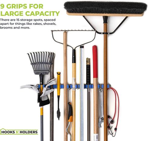 Tool Organizers and Storage 12 Slots and 6 Hooks Wall Mounted Garden Tool Rack, Garden Tool Organizer, Broom Holder Wall Mount, Garage Tool Organization and Storage, Industrial Steel Hooks N Holders in Saudi Arabia