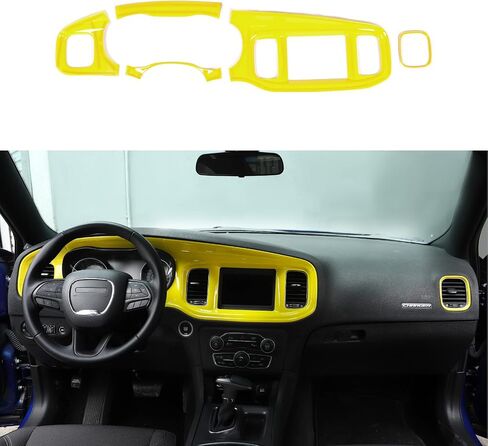 Linskip Dash Board Trim متوافق مع دودج تشارجر 2015 2016 2017 2018 2019 2020 2021 2022 2023، غطاء لوحة وحدة التحكم المركزية لشاشة الشاحن، ملحقات داخلية للشاحن 5 قطع (أصفر) in Kuwait