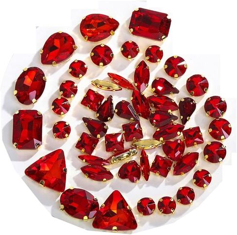 50pcs Claw Sew On Rhinestones,Mixed Shapes Claw Flatback Crystal Rhinestones,Red Glass Sewing Claw Rhinestone for Clothes, Earring, Belt, Shoes in Saudi Arabia