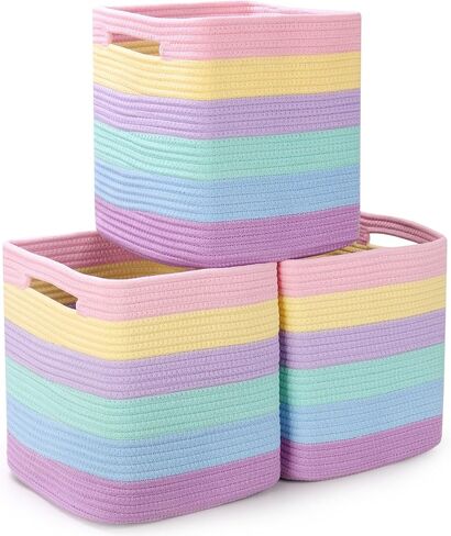 Storage Cubes 11 Inch Woven Baskets for Organizing, Cube Storage Bin, Square Rope Storage Baskets for Shelves Organizer, Kids Bins, Closet , Kitchen (Rainbow, 3PCs) in Saudi Arabia