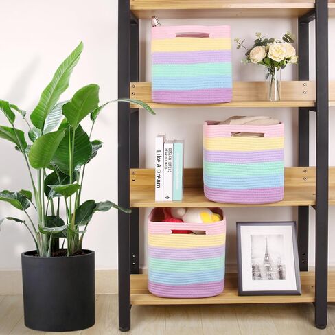 Storage Cubes 11 Inch Woven Baskets for Organizing, Cube Storage Bin, Square Rope Storage Baskets for Shelves Organizer, Kids Bins, Closet , Kitchen (Rainbow, 3PCs) in Saudi Arabia