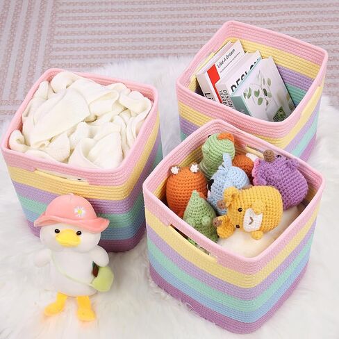 Storage Cubes 11 Inch Woven Baskets for Organizing, Cube Storage Bin, Square Rope Storage Baskets for Shelves Organizer, Kids Bins, Closet , Kitchen (Rainbow, 3PCs) in Saudi Arabia