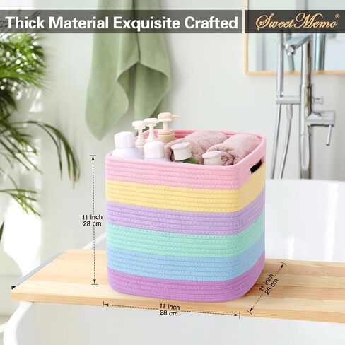 Storage Cubes 11 Inch Woven Baskets for Organizing, Cube Storage Bin, Square Rope Storage Baskets for Shelves Organizer, Kids Bins, Closet , Kitchen (Rainbow, 3PCs) in Saudi Arabia