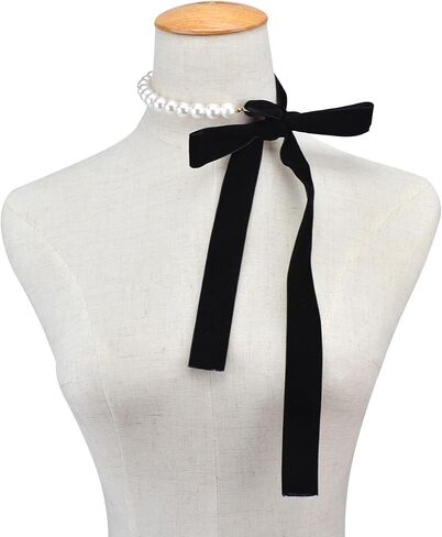 AKOAK 1 Pack Vintage Black Bow Pearl Ribbon Necklace, Adjustable Length Stylish Unique Jewelry Necklace, Ladies Sweater Chain in Saudi Arabia