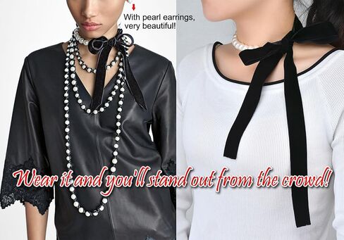 AKOAK 1 Pack Vintage Black Bow Pearl Ribbon Necklace, Adjustable Length Stylish Unique Jewelry Necklace, Ladies Sweater Chain in Saudi Arabia