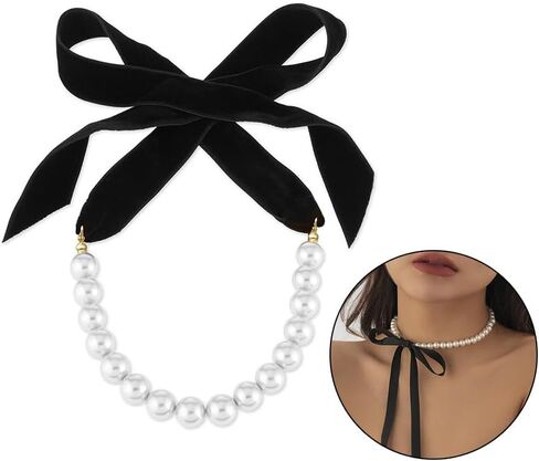AKOAK 1 Pack Vintage Black Bow Pearl Ribbon Necklace, Adjustable Length Stylish Unique Jewelry Necklace, Ladies Sweater Chain in Saudi Arabia