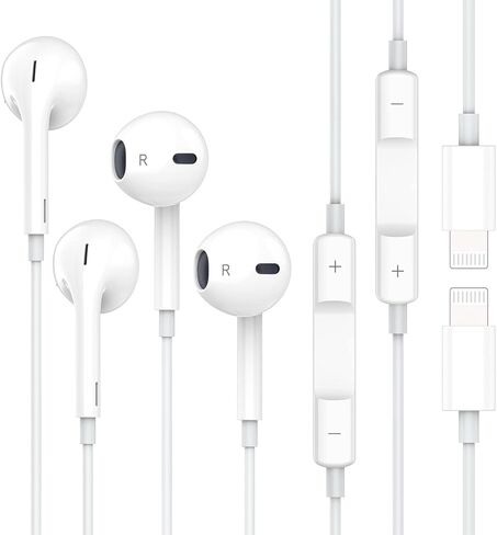 سماعات أذن Apple، قطعتان من سماعات iPhone سلكية مع موصل Lightning [معتمدة من Apple MFi] سماعات أذن سلكية مع ميكروفون للتحكم في مستوى الصوت وموسيقى وسماعات مكالمات لهاتف iPhone 14/13/12/11/SE/X/XR/XS/8/7 in Kuwait