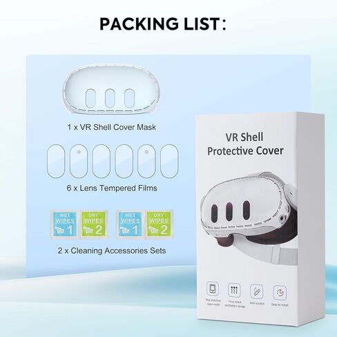 MoKo VR Accessories for Meta Quest 3, VR Headset Protective Shell Cover for Oculus Quest 3 Included VR Shell Cover and 6-Pack Lens Tempered Glass Protector, Black & Gray in Saudi Arabia