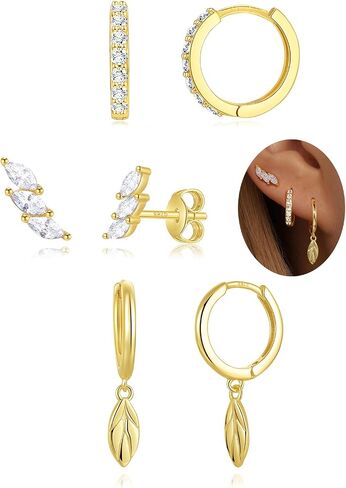 GEORGE · SMITH Leaf Drop Hoop Earrings Set, 14K Gold Plated Women's Ear Crawler Earrings, 3 Pairs Gold Hoop Earrings Set Women's Jewelry gift for wife in Saudi Arabia