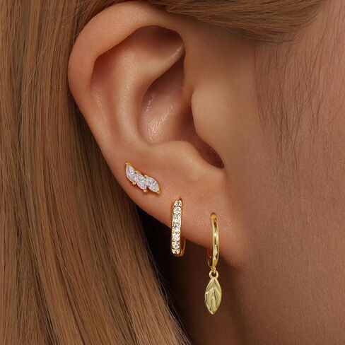 GEORGE · SMITH Leaf Drop Hoop Earrings Set, 14K Gold Plated Women's Ear Crawler Earrings, 3 Pairs Gold Hoop Earrings Set Women's Jewelry gift for wife in Saudi Arabia
