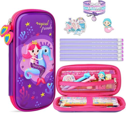 Pencil Case for Girls, Cute 3D Mermaid Stationery Set for Kids, Pencil Pen Organizer Box Pouch Bag with Compartment & Unicorn Stickers Pencils Eraser, School Supplies for Kids Toddler Gifts in Saudi Arabia