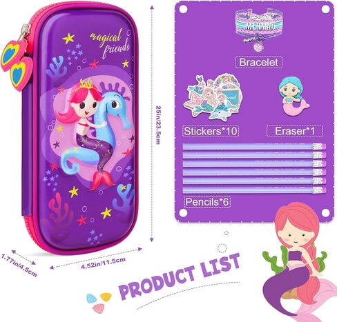 Pencil Case for Girls, Cute 3D Mermaid Stationery Set for Kids, Pencil Pen Organizer Box Pouch Bag with Compartment & Unicorn Stickers Pencils Eraser, School Supplies for Kids Toddler Gifts in Saudi Arabia