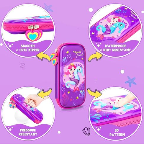 Pencil Case for Girls, Cute 3D Mermaid Stationery Set for Kids, Pencil Pen Organizer Box Pouch Bag with Compartment & Unicorn Stickers Pencils Eraser, School Supplies for Kids Toddler Gifts in Saudi Arabia