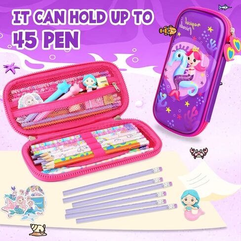 Pencil Case for Girls, Cute 3D Mermaid Stationery Set for Kids, Pencil Pen Organizer Box Pouch Bag with Compartment & Unicorn Stickers Pencils Eraser, School Supplies for Kids Toddler Gifts in Saudi Arabia
