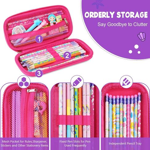Pencil Case for Girls, Cute 3D Mermaid Stationery Set for Kids, Pencil Pen Organizer Box Pouch Bag with Compartment & Unicorn Stickers Pencils Eraser, School Supplies for Kids Toddler Gifts in Saudi Arabia