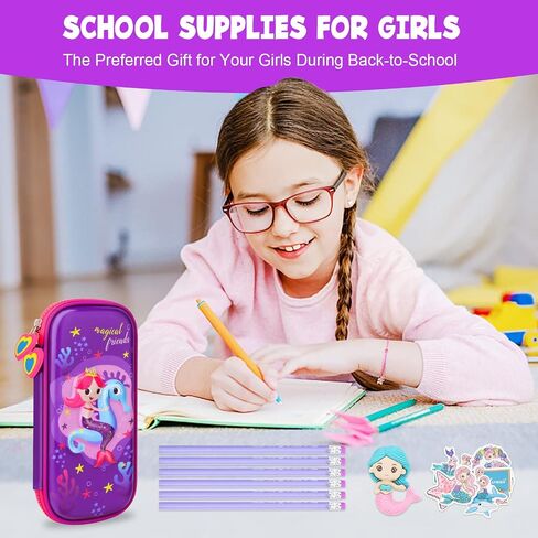 Pencil Case for Girls, Cute 3D Mermaid Stationery Set for Kids, Pencil Pen Organizer Box Pouch Bag with Compartment & Unicorn Stickers Pencils Eraser, School Supplies for Kids Toddler Gifts in Saudi Arabia