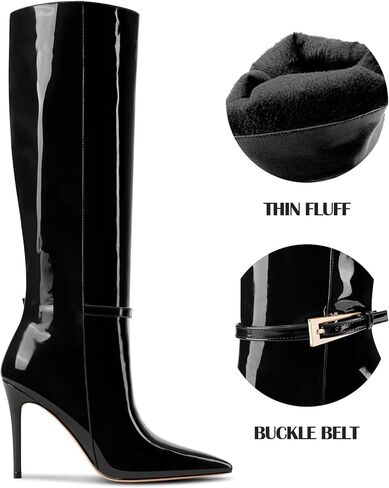 Aachcol أحذية عالية للركبة للنساء بمقدمة مدببة وكعب عالٍ وأحذية طويلة وحزام بإبزيم وحزام طويل مثير وبراءات الاختراع والجلود أحذية خريف وشتاء in Kuwait