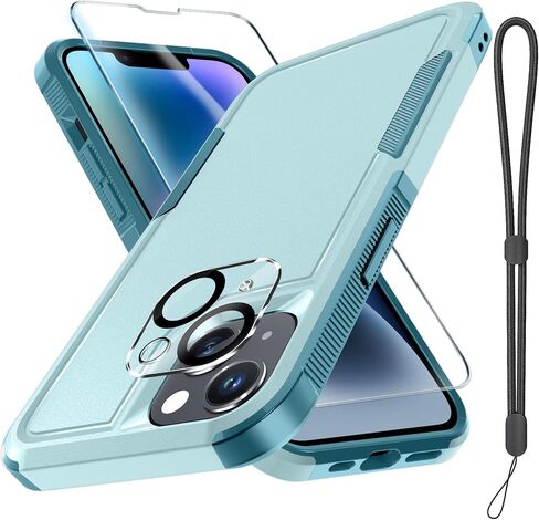 RMOCR for iPhone 14 Case with Screen Protector and Camera Lens Cover,Military Grade Heavy Duty Shockproof Phone Cover with Wrist Lanyard Strap for iPhone 14 6.1 inch,Mint Green in Saudi Arabia