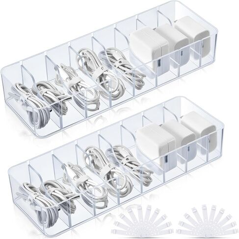 Tatuo 2 Pcs Plastic Charger Cord Organizer Box, Cord Storage Organizer Box, Electronics Cable Organizer Box Cable Storage Box with Wire Ties for Home Drawer Office Desk Organizers Accessories (Clear) in Saudi Arabia