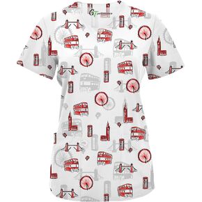 Green Town Scrubs for Women V-Neck Scrub Top - Print Tops, 3 Pockets, Easy Care Uniforms