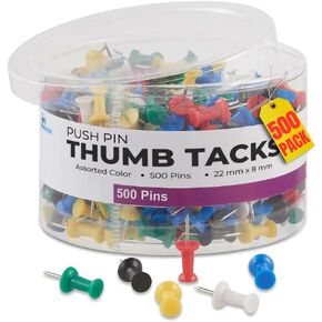 1InTheOffice Push Pins Tacks, Thumb Tacks, Steel Point, for Bulletin Board, Fabric Marking, Crafts and Office Organization, Assorted Colors, (500 Pieces)