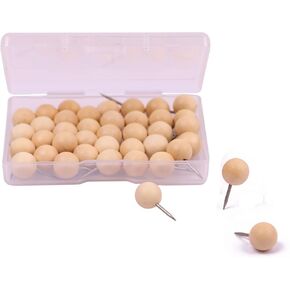 Round Wooden Map Thumb Tacks Unfinished Natural Wood Push Pins with Steel for Photos, Corkboard, Calendar and DIY Craft Project, Pack of 40