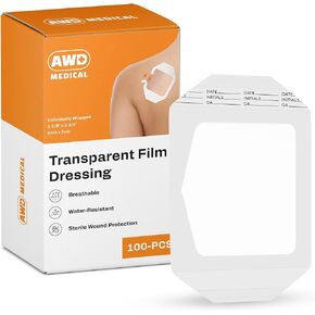 AWD Transparent Film Dressing - Waterproof Transparent Wound Bandage, Adhesive Film Dressing Tape, IV Clear Cover, Shower Shield Waterproof Bandages & Tattoo Cover Up Tape - 6" x 8", Box of 20