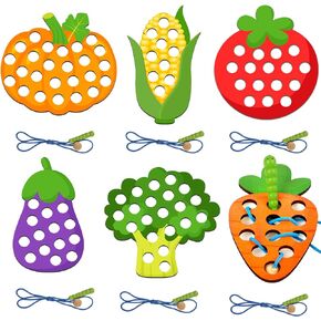 6 Pcs Lacing Toy Toddlers, Geometric Wooden Threading Toys, Educational and Learning Montessori Activity Baby and Kids, Fine Motor Skill Toys, Pumpkin, Corn, Tomato, Eggplant, Broccoli, Carrot